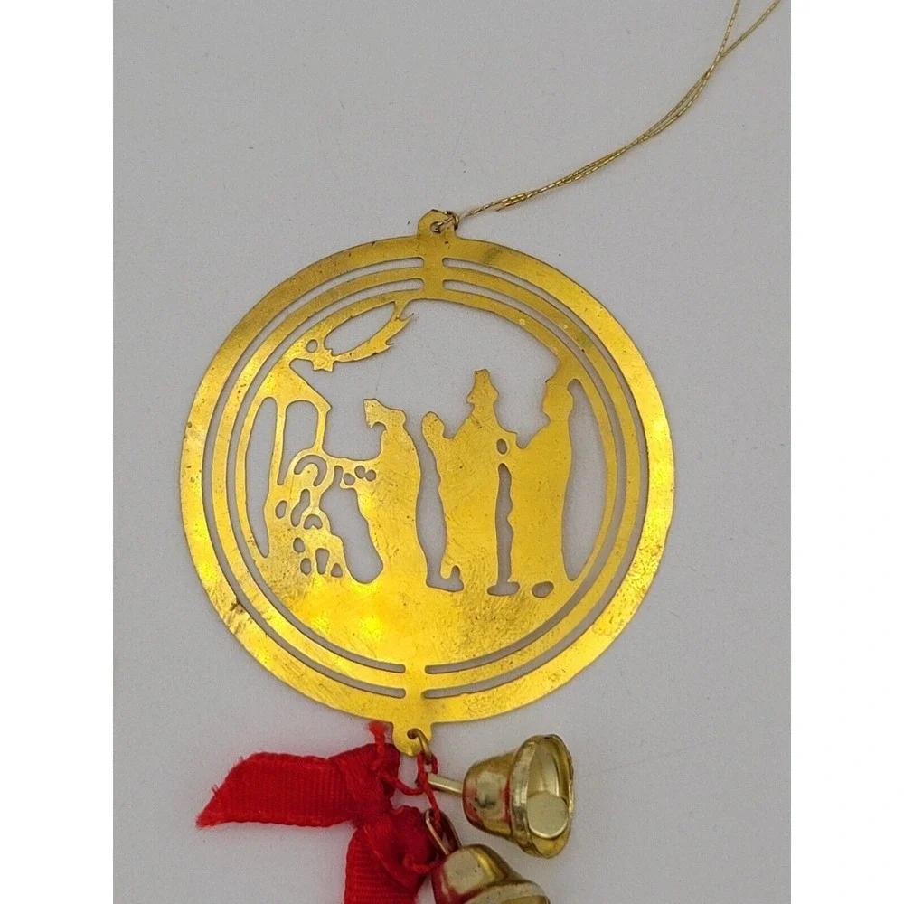 Lot of 3 Vintage Gold Tone Flat Metal‎ Christmas Ornaments With Bells